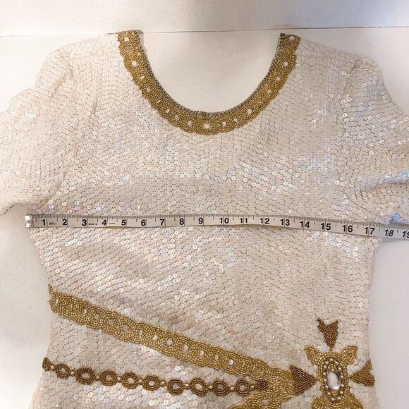 Vintage RARE Patra Iridescent Sequined White & Gold Beaded 100% Silk Dress Size - Picture 10 of 11